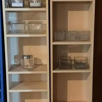 Two Blonde MDF Bookshelves With Assorted Laboratory Glass