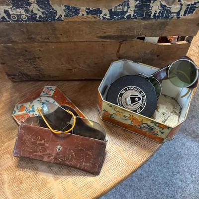 Floral Tin W/ Mountaineering Goggles, Vintage Rayban Glasses & Flip Lighter