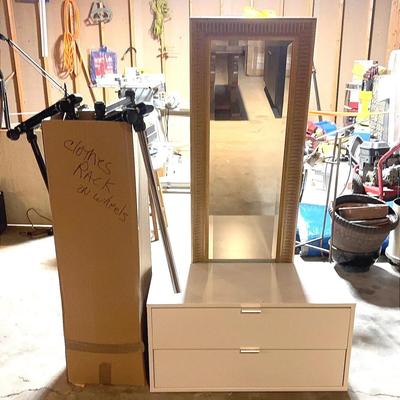 West Elm Bergen Closet Wide 2 Drawer, Full Length Mirror & Clothing Rack On Wheels
