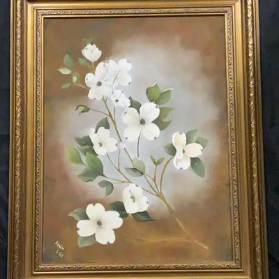 White Floral Painting in Ornate Gold-Toned Wooden Frame