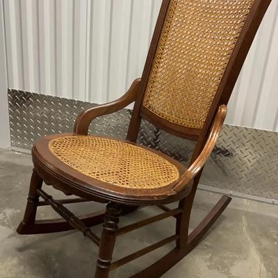 Wooden Rocking Chair With Caned Back And Seat 