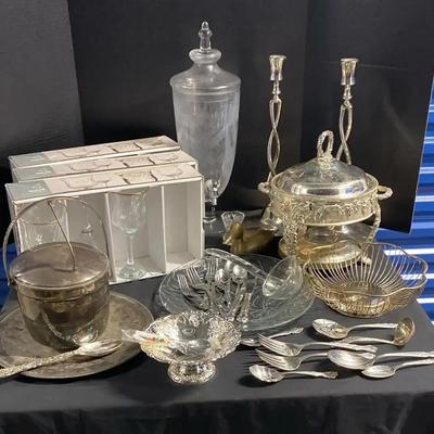 Large Mixed Lot of Silverplate Serveware, Crystal, Gold-Rim Goblets & Decorative Accents