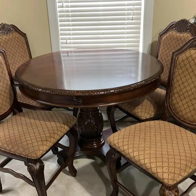Round Wood Dining Table & Matching Upholstered Chairs