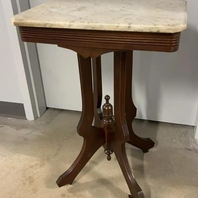 Classic Marble-top Table With Wooden Base On Caster Wheels