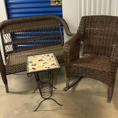 Outdoor Wicker Seating Set – StyleWell Loveseat, Hampton Bay Rocker & Mosaic-Top Table