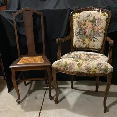 Pair of Vintage Chairs – Hand-Carved Needlepoint Armchair & Wood Cane Seat Chair