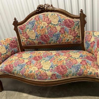 Vintage Floral Sofa With Ornate Wood Carvings 