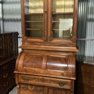 Antique Roll-Top Secretary Desk with Glass Hutch