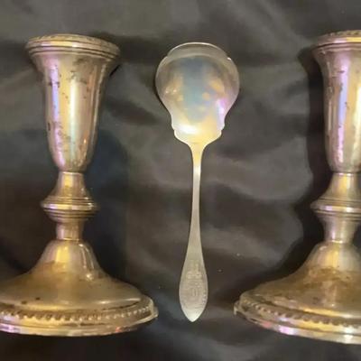 Weighted & Sterling Silver Candleholders and Spoon