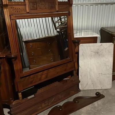 Antique Walnut Mirror, Decorative Architectural Elements & Marble Top