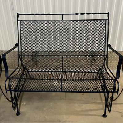 Wrought Iron Outdoor Glider with Marble-Top Side Tables