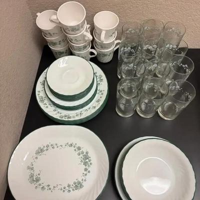 Lot 101:  Corelle Vintage Ivy Green Border Dinnerware Set – Plates, Bowls & Cups (Large Mixed Lot)