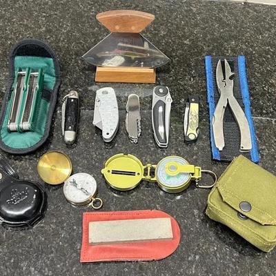 Lot 339: Outdoor & EDC Gear Lot — Knives, Multi-Tools, Compasses, Sharpening Stone & More
