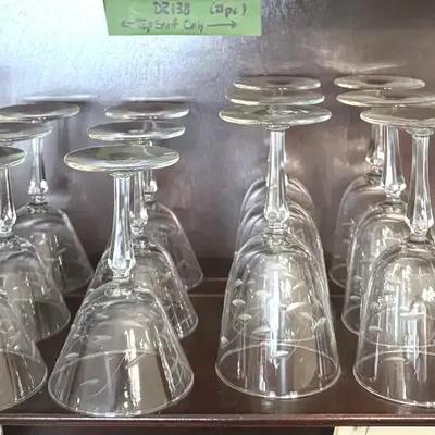 520: Vintage Etched Crystal Wine Glasses with Faceted Stems