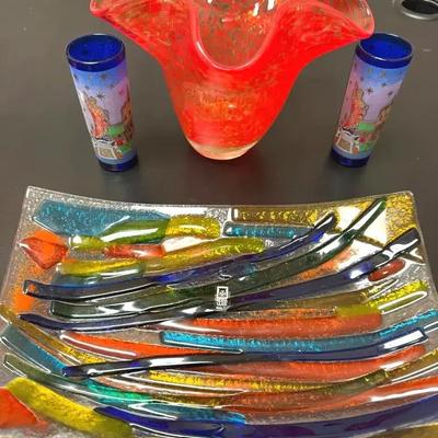 Lot 127:  Mdina Glass Malta Art Glass Collection – Free-Form Vase, Fused Plate & Malta Shot Glass Pa