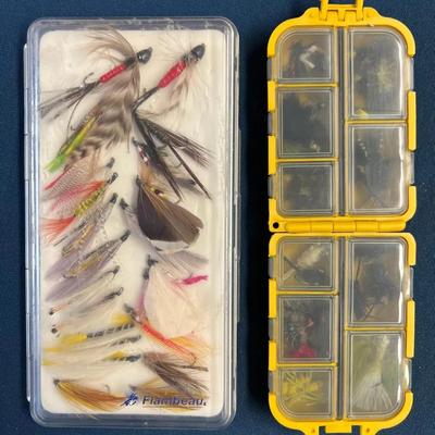 Lot 331: Lot of 2 Fly Boxes with Assorted Flies – Flambeau & Compact Yellow Case  Pair of fly boxes 