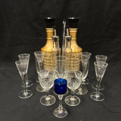 206: Assorted Vintage Barware, Bottles & Small Stemware – Mixed Sizes (Some Wear/Chips)