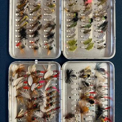 Lot 332: Lot of 2 Aluminum Fly Boxes with Assorted Vintage Flies  Pair of lightweight aluminum fly b