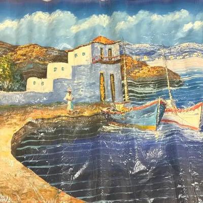 Lot143: Large Mediterranean Coastal Harbor Painting – Textured Palette Knife Style – Boats & Village