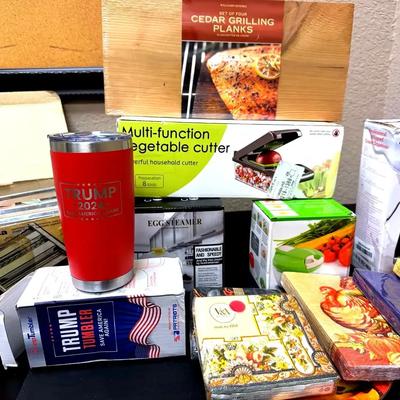 Lot 106:  Large Mixed Household & Kitchen Gadget Lot – Tumblers, Food Prep Tools, Napkins, Grill Pla