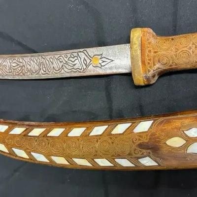 Lot 138:  Vintage Middle Eastern Curved Dagger w/ Mother-of-Pearl Inlay & Wood Scabbard – Ornate Etc