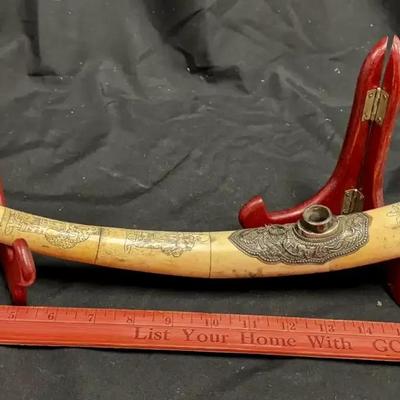 Lot 160:  Antique Hand-Carved Bone Powder Horn w/ Decorative Metal Mounts & Script Motifs