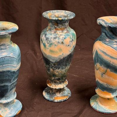 Lot 157:  Set of 3 Hand-Carved Blue Onyx Decorative Vases – 10” Tall – Natural Stone Home Décor
