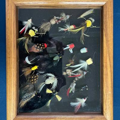 Lot 335: Vintage Framed Fly Fishing Display – Assorted Hand-Tied Flies in Wood Shadowbox Frame