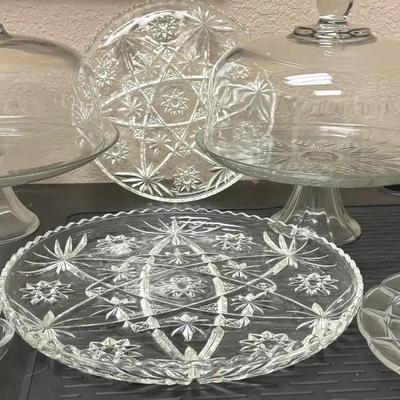 Lot 104:  Vintage Pressed Glass Entertaining Set – Cake Stands with Domes & Assorted Serving Trays