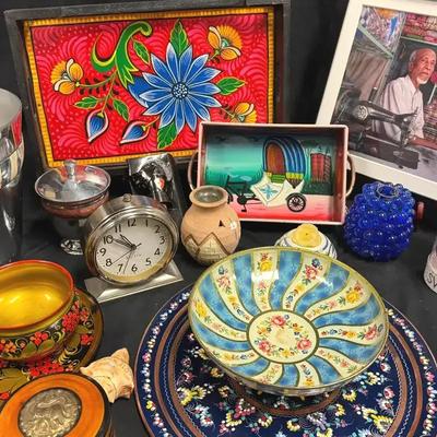 Lot 147: Colorful Global Decor & Collectibles Assortment Lot – Bowls, Art, Clocks, Pottery & More