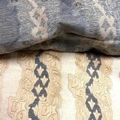 Lot 137:  Vintage Jacquard Upholstery Fabric – Beige & Slate Blue Geometric Scroll Pattern 