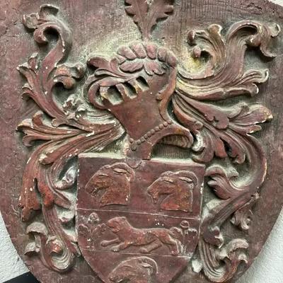 Lot 130:  Vintage Hand-Carved Heraldic Coat-of-Arms Shield Plaque – Lion & Ram Symbolism