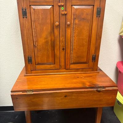 501: Primitive Pine Jelly Cupboard Hutch on Lift-Top Storage Table – Solid Wood – 35”W x 61”H