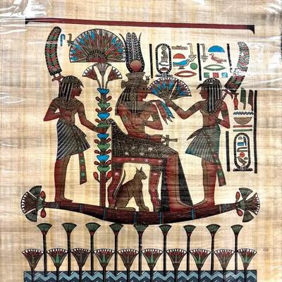 Lot 139:  Lot of 2 Hand-Painted Egyptian Papyrus Artworks – Zodiac Circle & Royal Goddess Scene 