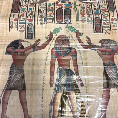 Lot 142:  Hand-Painted Egyptian Papyrus – Pharaoh Anointed by Horus & Thoth 