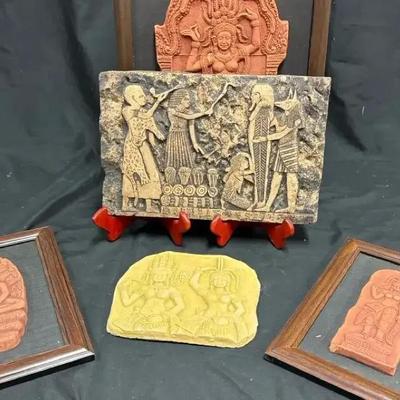 Lot 161:  Lot of 5 Southeast Asian Relief Plaques – Framed Terracotta & Stone-Style Wall Art 