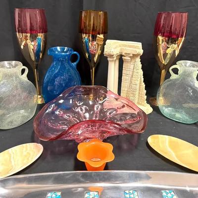 Lot 155:  Eclectic Decorative Home Décor Lot – Art Glass Vases, Sculptural Centerpiece Bowl, Champag