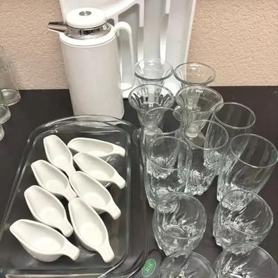 Lot 102: Lot of Mini Gravy /Sauce Servers, Baking Dishes,Corning Coffee Pot, Beverage Glasses,etc