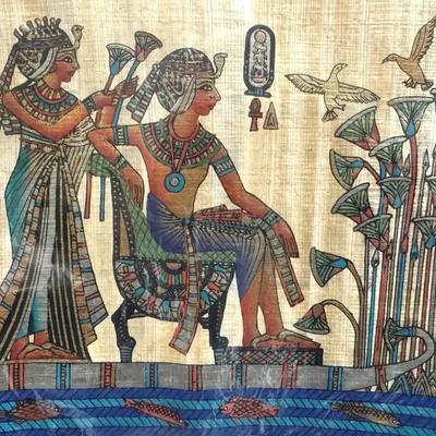 Lot 140:  Pair of Hand-Painted Egyptian Papyrus Artworks – Ancient Figures & Nile Scene 