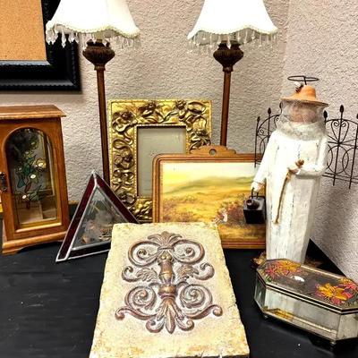 Lot 118:  Two 20” Lamps, Jewelry Box, Frames,Decor