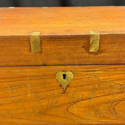 Lot 159:  Vintage Hand-Carved Wooden Jewelry Box with Elephant Motif & Mirror Interior 