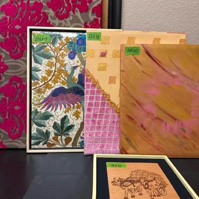 Lot 123:  Mixed Art Wall Décor Lot – Embroidered Peacock, Abstract Paintings, Fabric Panels & Wood-B