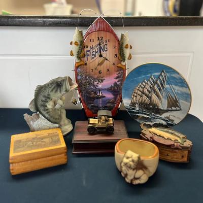 Lot 342: Large Fisherman & Vintage Cabin Decor Lot – Clock, Plate, Figurines, Trinket Box, Cards & M