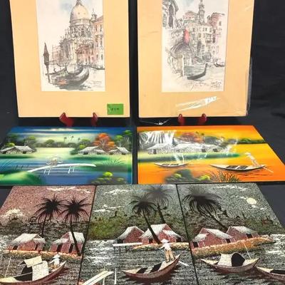 Lot 154:  Mixed Artwork Lot – Venice Prints by Jan Korthals + Tropical Lacquer Panels & Village Scen