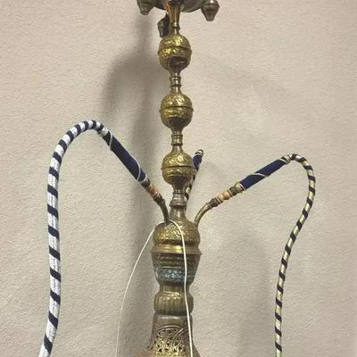 Lot 132: Large Vintage Brass Multi-Hose Hookah / Middle Eastern Decorative Water Pipe 