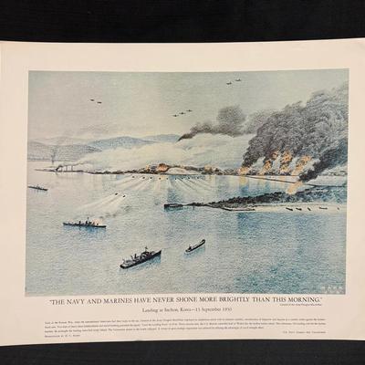 Lot 427: Vintage U.S. Navy Combat Art Print – “Landing at Inchon, Korea – 1950” – 20x16