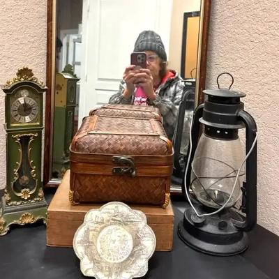 Lot 121:  Vintage Mixed Décor Lot – Mirror, Lantern, Mantel Clock, Rattan Box & Metal Souvenir Plate