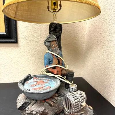 Lot 119:  Vintage Nautical Fisherman Table Lamp – Hand-Painted Coastal Scene with Lobster Pot & Shri
