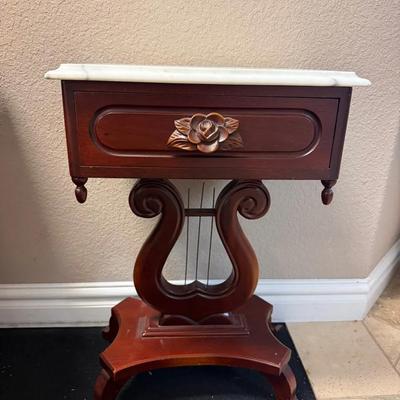 522: Vintage Lyre-Base Marble-Top Accent Table with Rose Carving