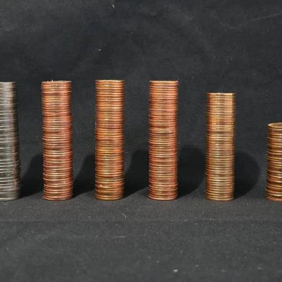 5 BU/Uncirculated Red Lincoln Cent Rolls and 1 1968-S BU Jefferson Nickel Roll